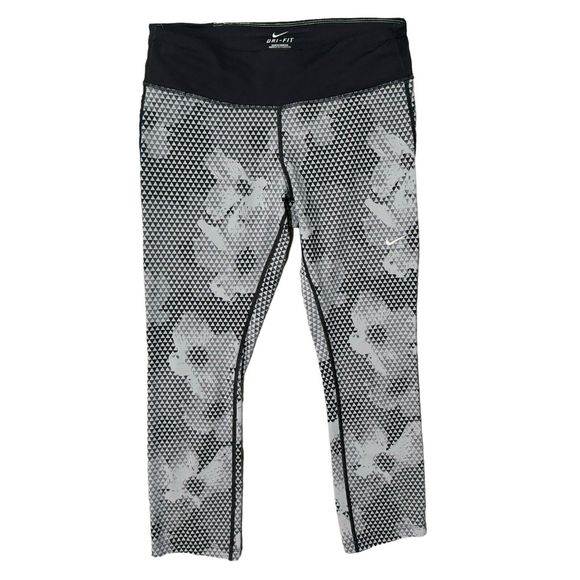 Nike Epic Run Capris Medium Crop Pant Legging Black White Triangle Floral - Picture 1 of 9